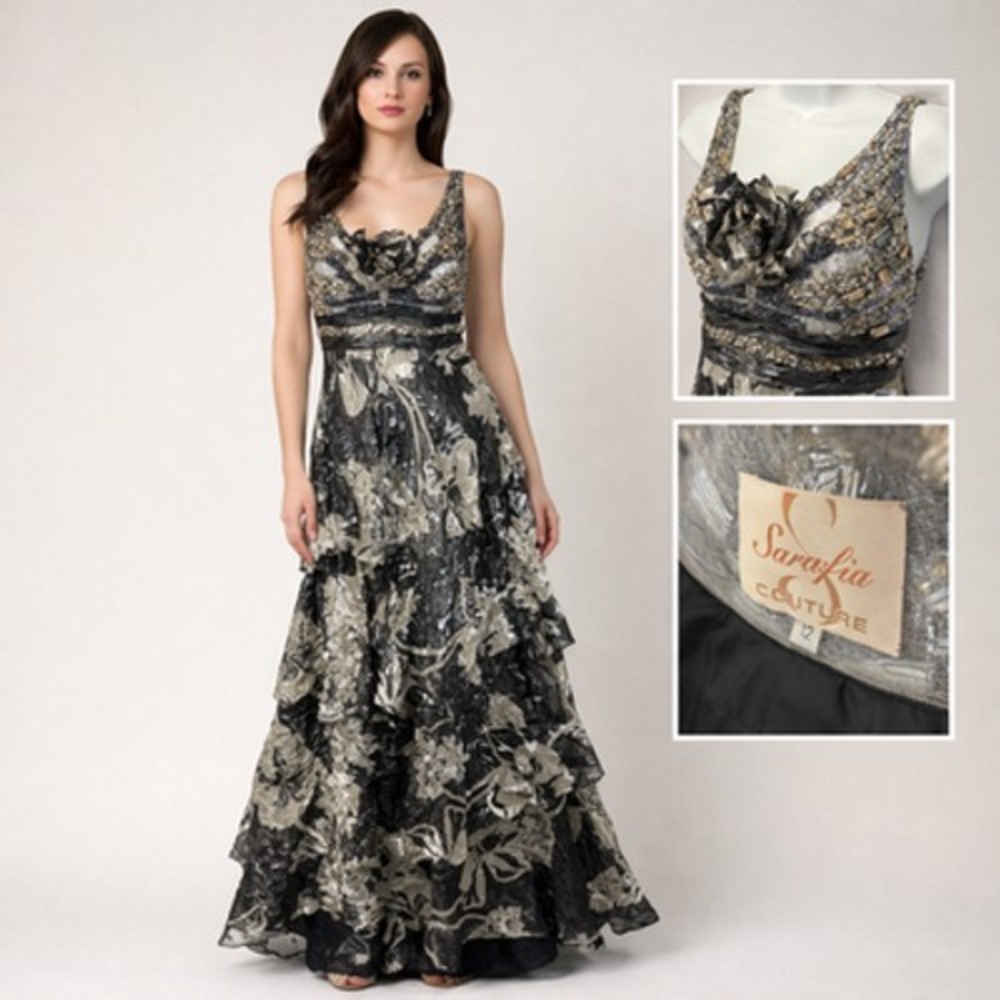 Sarafia Couture 100% Silk Beaded Gown Dress Size 4 / 6 Black Gold Tiered Chiffon